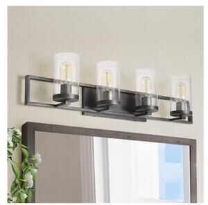 LNC Industrial Gray 4-Light Vanity Light Seeded Glass Bathroom Powder Room NEW